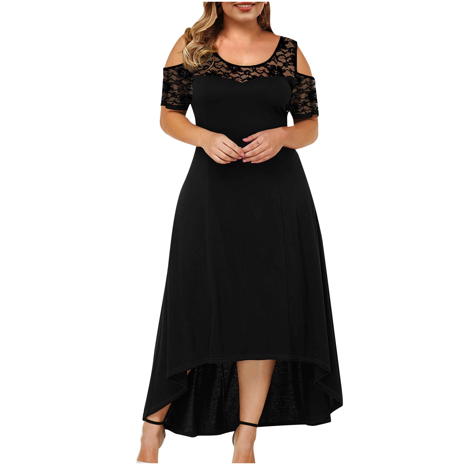 Abcnature Women Plus Size Dress, Sexy O-Neck Strapless Dress, Draw Back  Lace Splicing Short Sleeve Dress Casual Long Dress Sundresses Black XXL -  Walmart.com